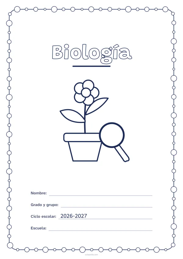Portada de «Biología» para colorear, con un marco redondeado de gomets de varios tamaños. Dibujo: una planta con flor en su maceta y una lupa.