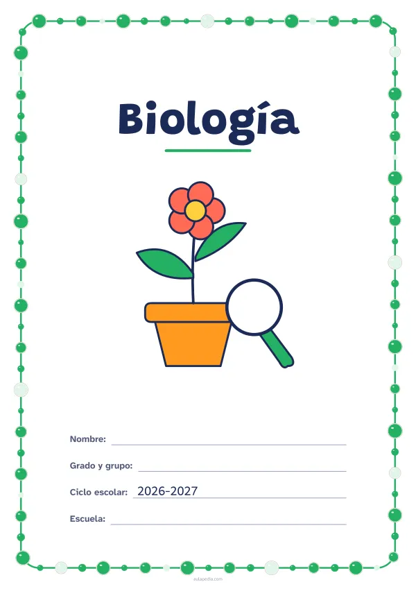 Portada de «Biología» a color, con un marco redondeado de gomets de varios tamaños. Dibujo: una planta con flor en su maceta y una lupa.