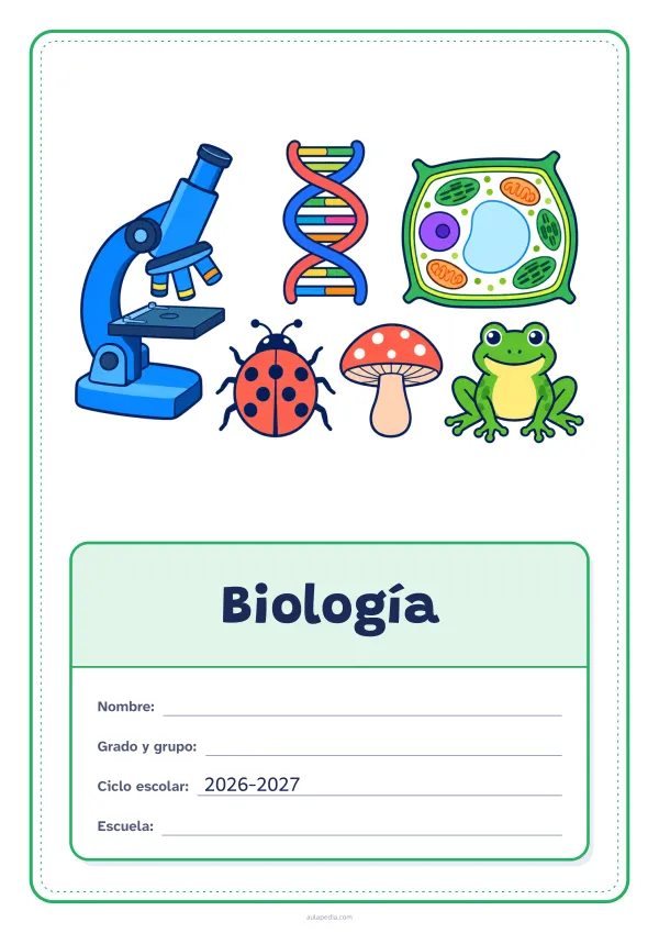 Portada de «Biología» a color, con el dibujo arriba y, debajo, una gran etiqueta escolar con el título y los datos. Dibujo: un microscopio, una doble hélice de ADN, una célula vegetal, una mariquita, un hongo y una rana.