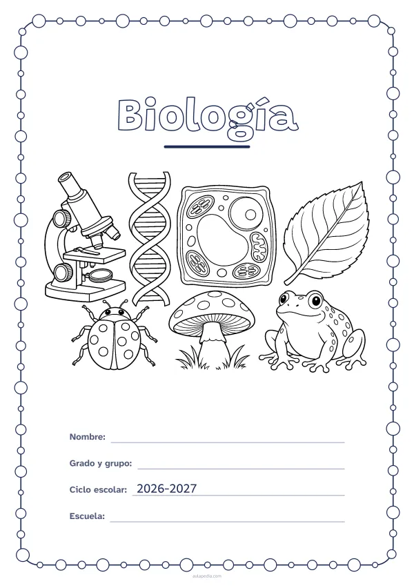 Portada de «Biología» para colorear, con un marco redondeado de gomets de varios tamaños. Dibujo: un microscopio, una doble hélice de ADN, una célula vegetal, una hoja, una mariquita, un hongo y una rana.