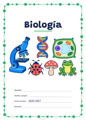 Portada de «Biología» a color, con un marco redondeado de gomets de varios tamaños. Dibujo: un microscopio, una doble hélice de ADN, una célula vegetal, una mariquita, un hongo y una rana.