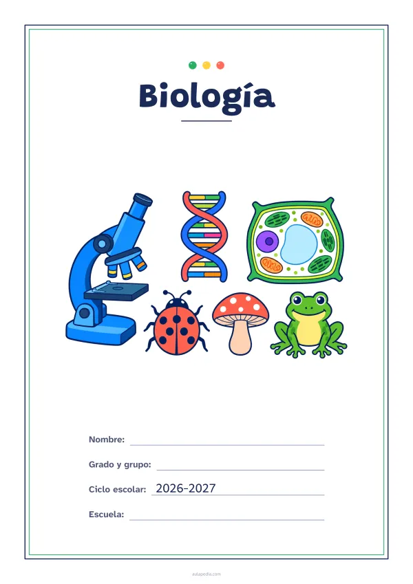 Portada de «Biología» a color, con un marco fino de doble línea y mucho blanco. Dibujo: un microscopio, una doble hélice de ADN, una célula vegetal, una mariquita, un hongo y una rana.