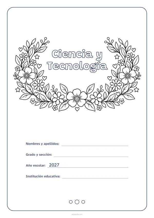 Portada de «Ciencia y Tecnología» para colorear, con el título dentro de una corona de hojas y flores. Dibujo: una corona de hojas, flores, estrellas y corazones, abierta por arriba y con el centro vacío para el título.
