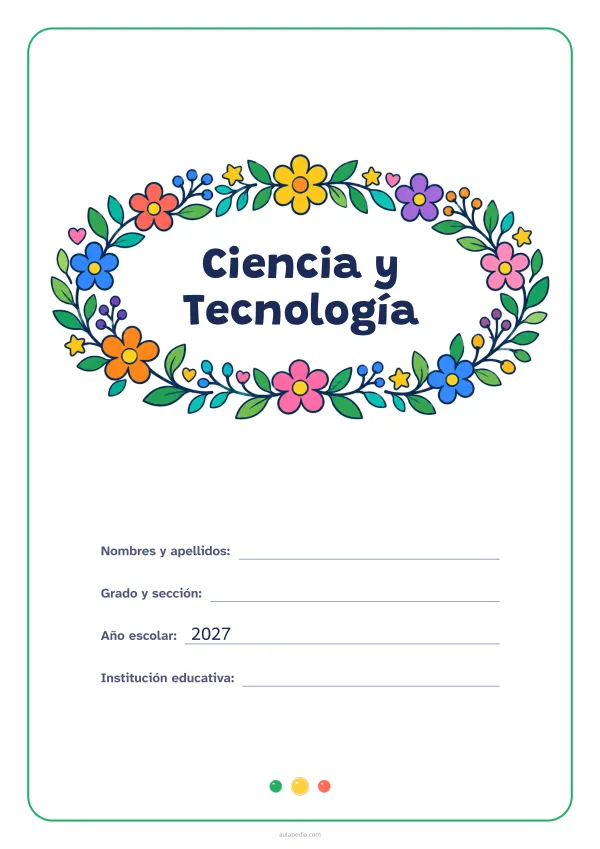 Portada de «Ciencia y Tecnología» a color, con el título dentro de una corona de hojas y flores. Dibujo: una corona ovalada de hojas, flores, estrellas y corazones, con el centro vacío para el título.