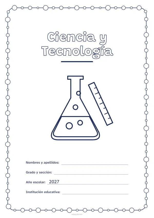 Portada de «Ciencia y Tecnología» para colorear, con un marco redondeado de gomets de varios tamaños. Dibujo: un matraz con burbujas y una regla.