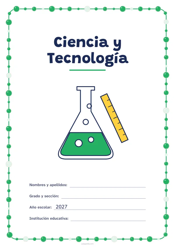 Portada de «Ciencia y Tecnología» a color, con un marco redondeado de gomets de varios tamaños. Dibujo: un matraz con burbujas y una regla.