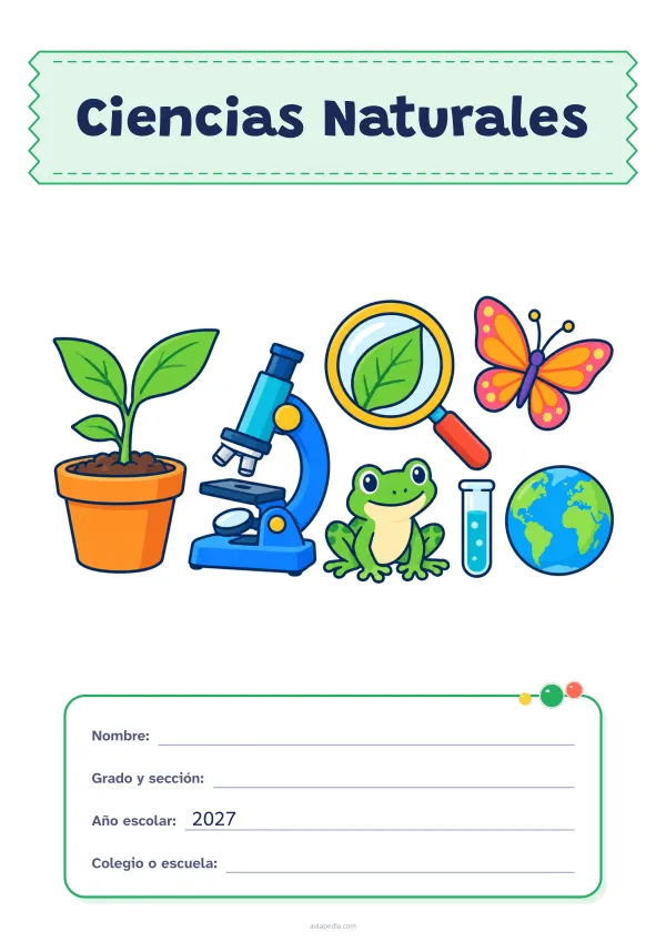 Portada de «Ciencias Naturales» a color, con el título sobre una cinta de tela y los datos en una tarjeta. Dibujo: una planta que brota en su maceta, un microscopio, una lupa sobre una hoja, una mariposa, una rana, un tubo de ensayo y el planeta Tierra.
