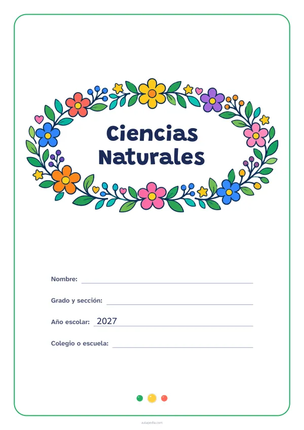 Portada de «Ciencias Naturales» a color, con el título dentro de una corona de hojas y flores. Dibujo: una corona ovalada de hojas, flores, estrellas y corazones, con el centro vacío para el título.
