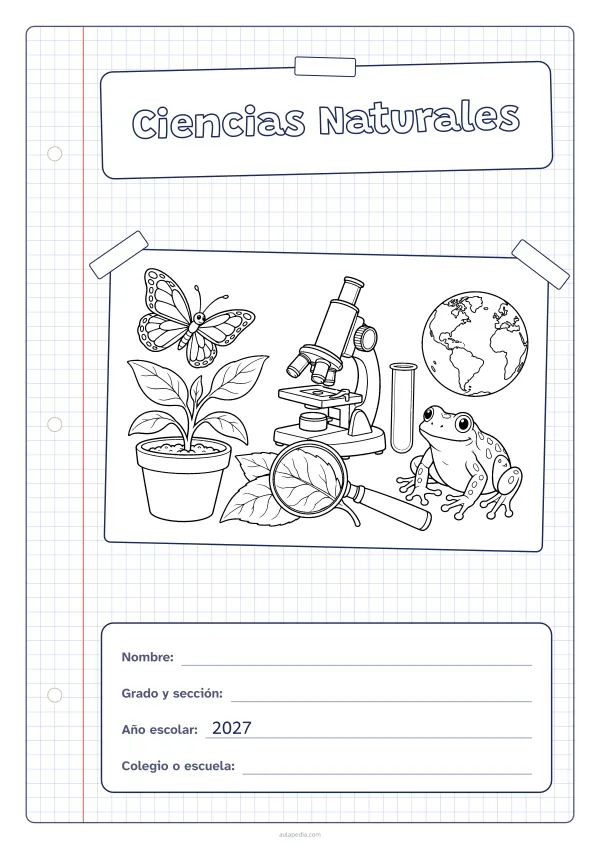 Portada de «Ciencias Naturales» para colorear, con una hoja cuadriculada con margen, el título en un cartel y el dibujo pegado como una foto. Dibujo: una planta que brota en su maceta, un microscopio, una lupa sobre una hoja, una mariposa, una rana, un tubo de ensayo y el planeta Tierra.