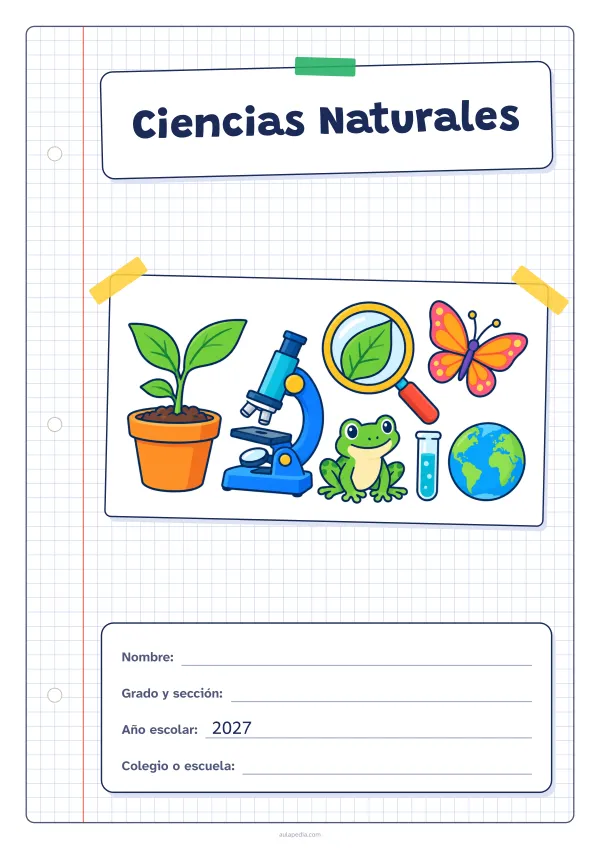 Portada de «Ciencias Naturales» a color, con una hoja cuadriculada con margen, el título en un cartel y el dibujo pegado como una foto. Dibujo: una planta que brota en su maceta, un microscopio, una lupa sobre una hoja, una mariposa, una rana, un tubo de ensayo y el planeta Tierra.