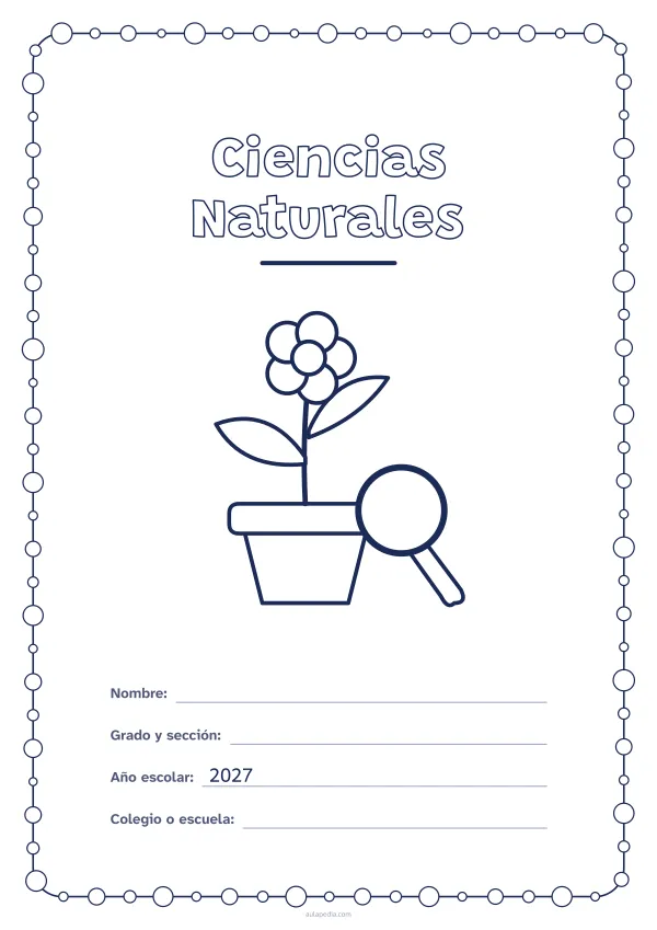 Portada de «Ciencias Naturales» para colorear, con un marco redondeado de gomets de varios tamaños. Dibujo: una planta con flor en su maceta y una lupa.