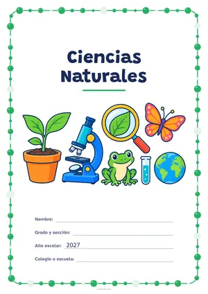 Portada de «Ciencias Naturales» a color, con un marco redondeado de gomets de varios tamaños. Dibujo: una planta que brota en su maceta, un microscopio, una lupa sobre una hoja, una mariposa, una rana, un tubo de ensayo y el planeta Tierra.