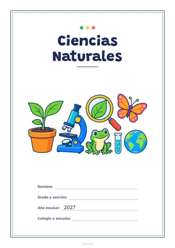 Portada de «Ciencias Naturales» a color, con un marco fino de doble línea y mucho blanco. Dibujo: una planta que brota en su maceta, un microscopio, una lupa sobre una hoja, una mariposa, una rana, un tubo de ensayo y el planeta Tierra.