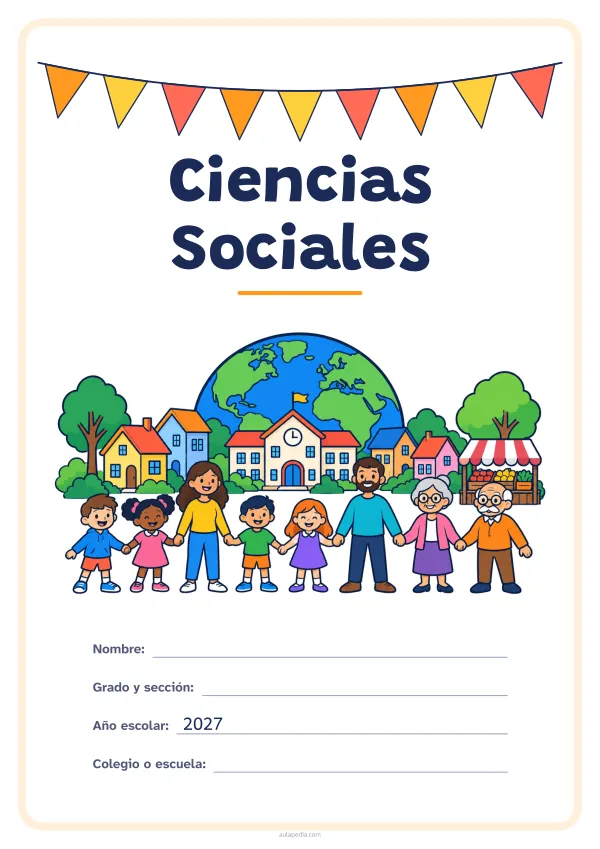 Portada de «Ciencias Sociales» a color, con una guirnalda de banderines sobre el título. Dibujo: un pueblo con casas, una escuela y un puesto de mercado, ocho vecinos de todas las edades tomados de la mano y, detrás, el planeta Tierra.