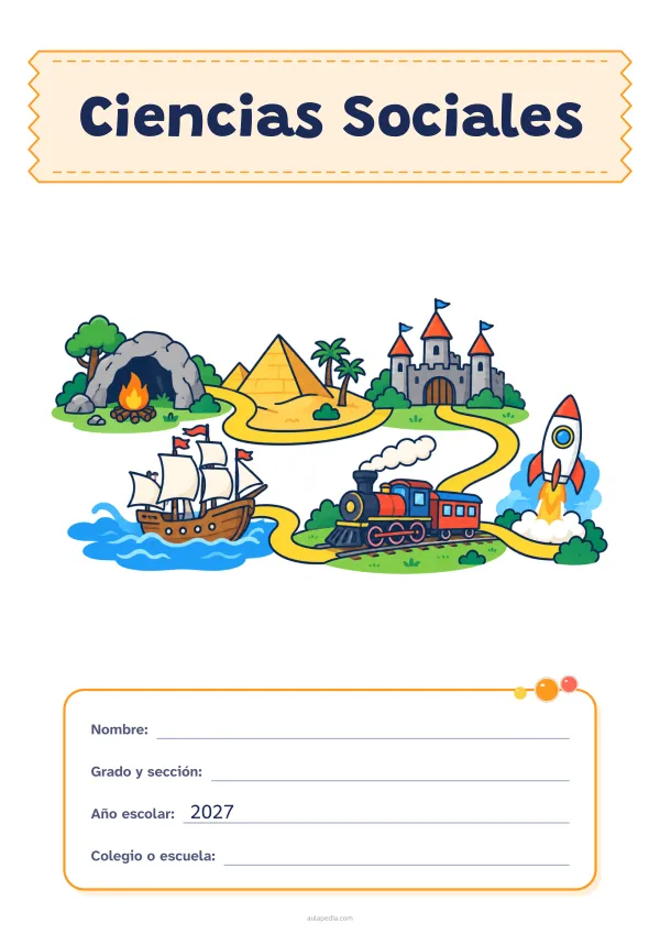 Portada de «Ciencias Sociales» a color, con el título sobre una cinta de tela y los datos en una tarjeta. Dibujo: un camino que recorre la historia: de una cueva con una hoguera a una pirámide, un castillo, un barco de vela, un tren de vapor y un cohete.