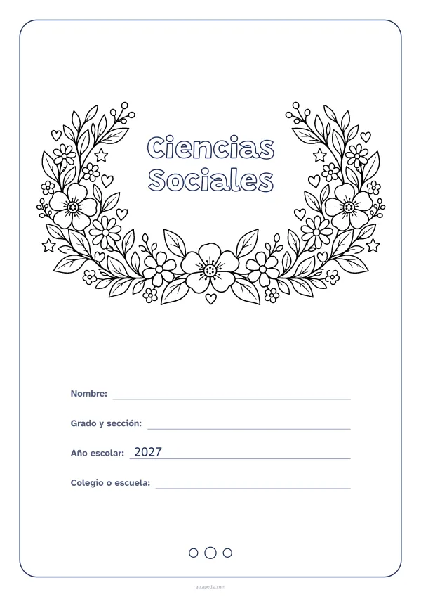 Portada de «Ciencias Sociales» para colorear, con el título dentro de una corona de hojas y flores. Dibujo: una corona de hojas, flores, estrellas y corazones, abierta por arriba y con el centro vacío para el título.