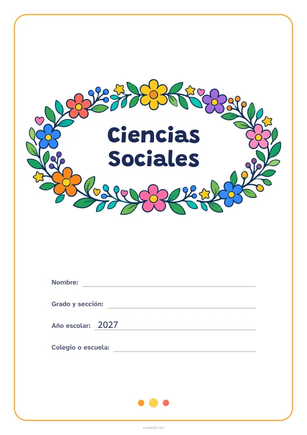Portada de «Ciencias Sociales» a color, con el título dentro de una corona de hojas y flores. Dibujo: una corona ovalada de hojas, flores, estrellas y corazones, con el centro vacío para el título.
