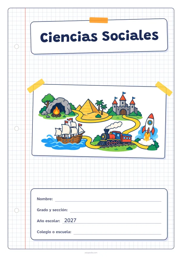 Portada de «Ciencias Sociales» a color, con una hoja cuadriculada con margen, el título en un cartel y el dibujo pegado como una foto. Dibujo: un camino que recorre la historia: de una cueva con una hoguera a una pirámide, un castillo, un barco de vela, un tren de vapor y un cohete.