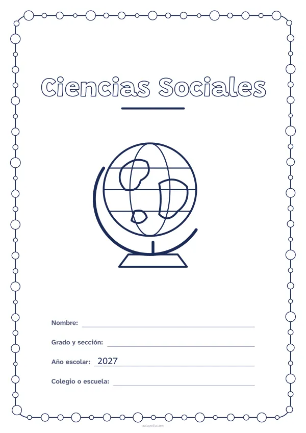 Portada de «Ciencias Sociales» para colorear, con un marco redondeado de gomets de varios tamaños. Dibujo: un globo terráqueo.
