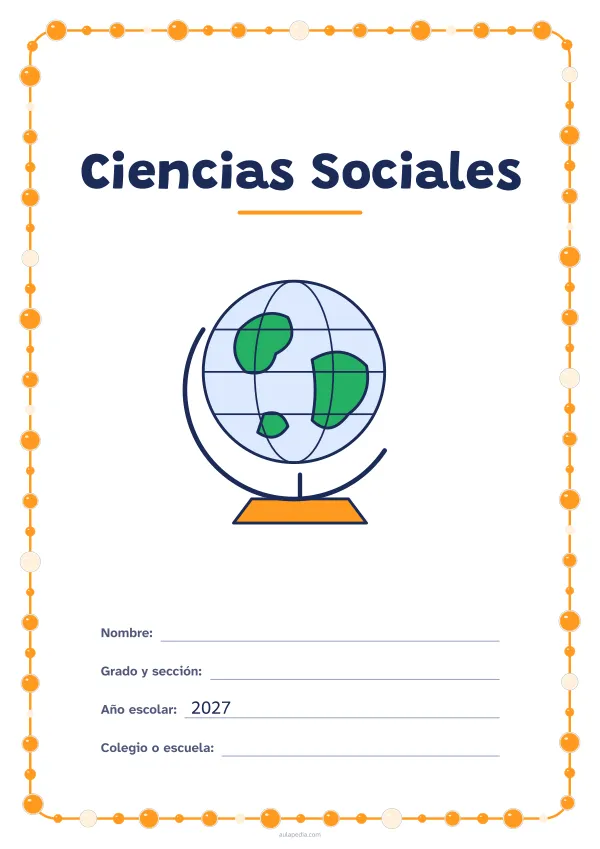 Portada de «Ciencias Sociales» a color, con un marco redondeado de gomets de varios tamaños. Dibujo: un globo terráqueo.
