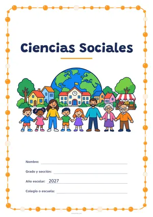 Portada de «Ciencias Sociales» a color, con un marco redondeado de gomets de varios tamaños. Dibujo: un pueblo con casas, una escuela y un puesto de mercado, ocho vecinos de todas las edades tomados de la mano y, detrás, el planeta Tierra.