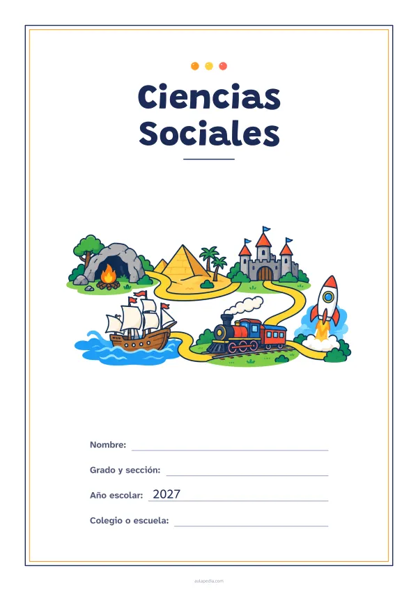 Portada de «Ciencias Sociales» a color, con un marco fino de doble línea y mucho blanco. Dibujo: un camino que recorre la historia: de una cueva con una hoguera a una pirámide, un castillo, un barco de vela, un tren de vapor y un cohete.