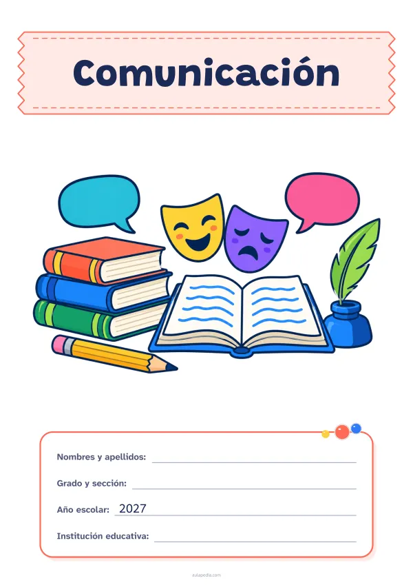 Portada de «Comunicación» a color, con el título sobre una cinta de tela y los datos en una tarjeta. Dibujo: una pila de libros, un libro abierto, un lápiz, una pluma en su tintero, dos globos de diálogo y dos máscaras de teatro.