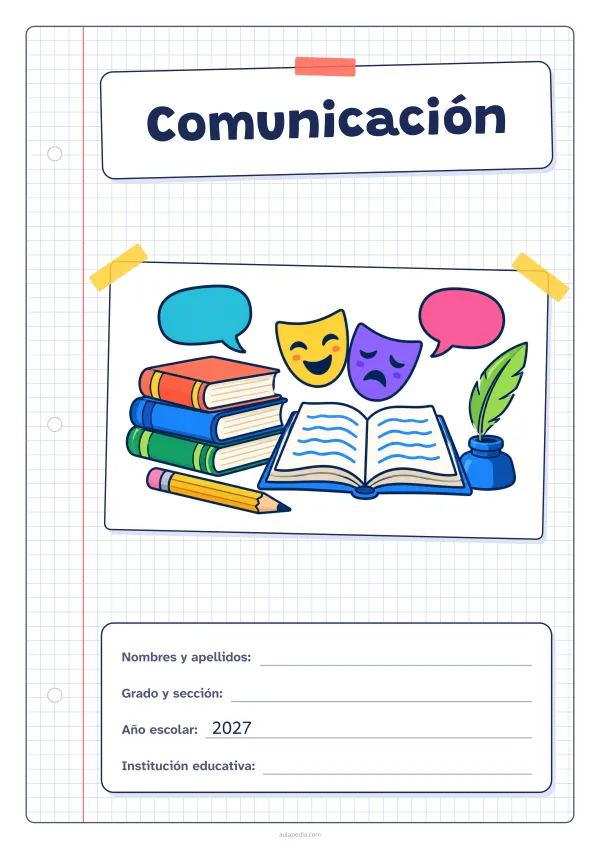 Portada de «Comunicación» a color, con una hoja cuadriculada con margen, el título en un cartel y el dibujo pegado como una foto. Dibujo: una pila de libros, un libro abierto, un lápiz, una pluma en su tintero, dos globos de diálogo y dos máscaras de teatro.