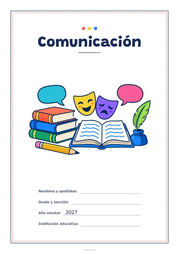 Portada de «Comunicación» a color, con un marco fino de doble línea y mucho blanco. Dibujo: una pila de libros, un libro abierto, un lápiz, una pluma en su tintero, dos globos de diálogo y dos máscaras de teatro.