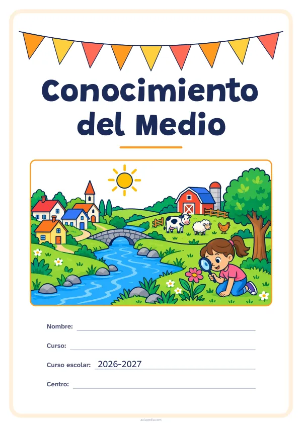 Portada de «Conocimiento del Medio» a color, con una guirnalda de banderines sobre el título. Dibujo: un paisaje con un río, un pueblo, una granja con una vaca, una oveja y una gallina, un árbol, el sol y una niña que observa una flor con una lupa.