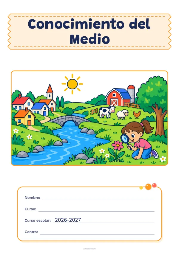 Portada de «Conocimiento del Medio» a color, con el título sobre una cinta de tela y los datos en una tarjeta. Dibujo: un paisaje con un río, un pueblo, una granja con una vaca, una oveja y una gallina, un árbol, el sol y una niña que observa una flor con una lupa.