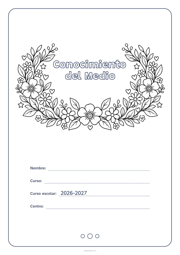 Portada de «Conocimiento del Medio» para colorear, con el título dentro de una corona de hojas y flores. Dibujo: una corona de hojas, flores, estrellas y corazones, abierta por arriba y con el centro vacío para el título.