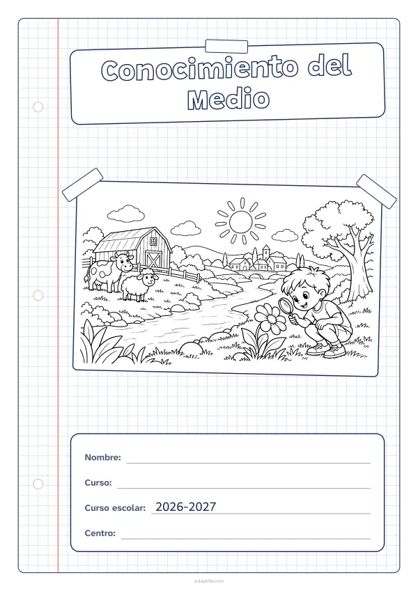 Portada de «Conocimiento del Medio» para colorear, con una hoja cuadriculada con margen, el título en un cartel y el dibujo pegado como una foto. Dibujo: un paisaje con un río, un pueblo, una granja con una vaca y una oveja, un árbol, el sol y un niño que observa una flor con una lupa.