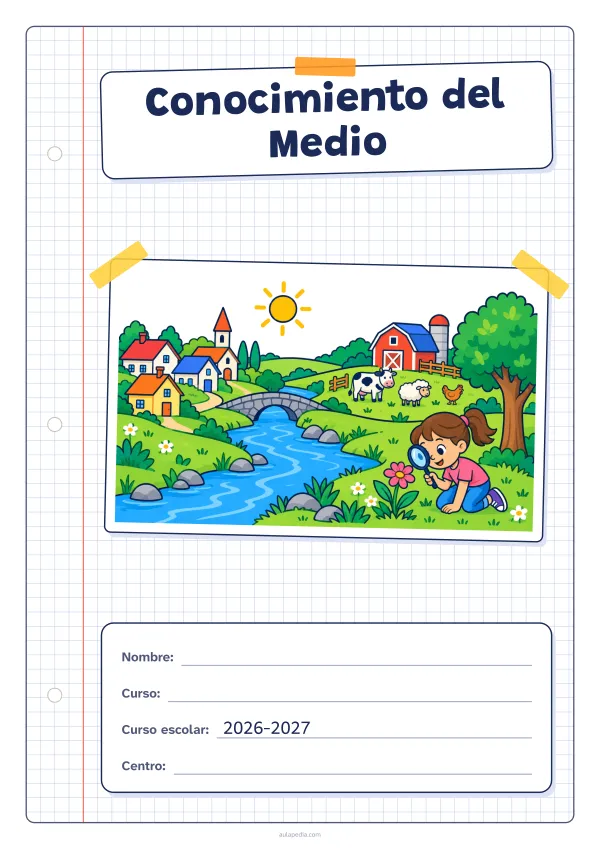 Portada de «Conocimiento del Medio» a color, con una hoja cuadriculada con margen, el título en un cartel y el dibujo pegado como una foto. Dibujo: un paisaje con un río, un pueblo, una granja con una vaca, una oveja y una gallina, un árbol, el sol y una niña que observa una flor con una lupa.
