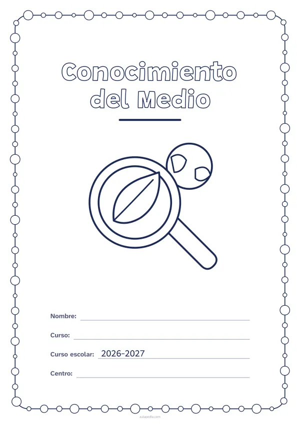 Portada de «Conocimiento del Medio» para colorear, con un marco redondeado de gomets de varios tamaños. Dibujo: una lupa, una hoja y el planeta.