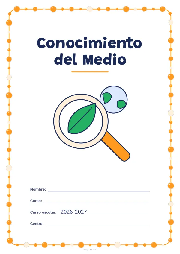 Portada de «Conocimiento del Medio» a color, con un marco redondeado de gomets de varios tamaños. Dibujo: una lupa, una hoja y el planeta.