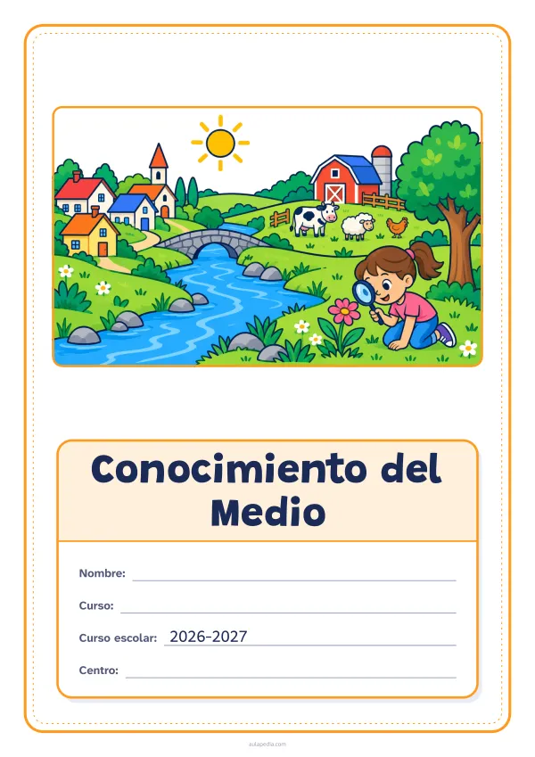 Portada de «Conocimiento del Medio» a color, con el dibujo arriba y, debajo, una gran etiqueta escolar con el título y los datos. Dibujo: un paisaje con un río, un pueblo, una granja con una vaca, una oveja y una gallina, un árbol, el sol y una niña que observa una flor con una lupa.