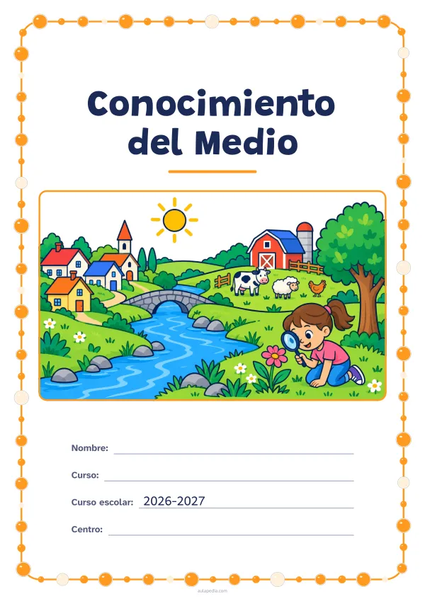 Portada de «Conocimiento del Medio» a color, con un marco redondeado de gomets de varios tamaños. Dibujo: un paisaje con un río, un pueblo, una granja con una vaca, una oveja y una gallina, un árbol, el sol y una niña que observa una flor con una lupa.