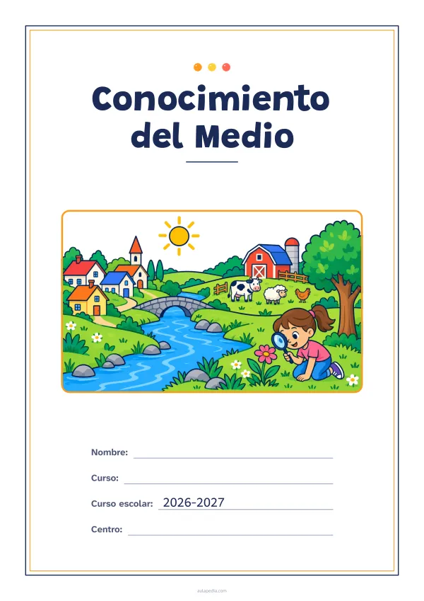 Portada de «Conocimiento del Medio» a color, con un marco fino de doble línea y mucho blanco. Dibujo: un paisaje con un río, un pueblo, una granja con una vaca, una oveja y una gallina, un árbol, el sol y una niña que observa una flor con una lupa.
