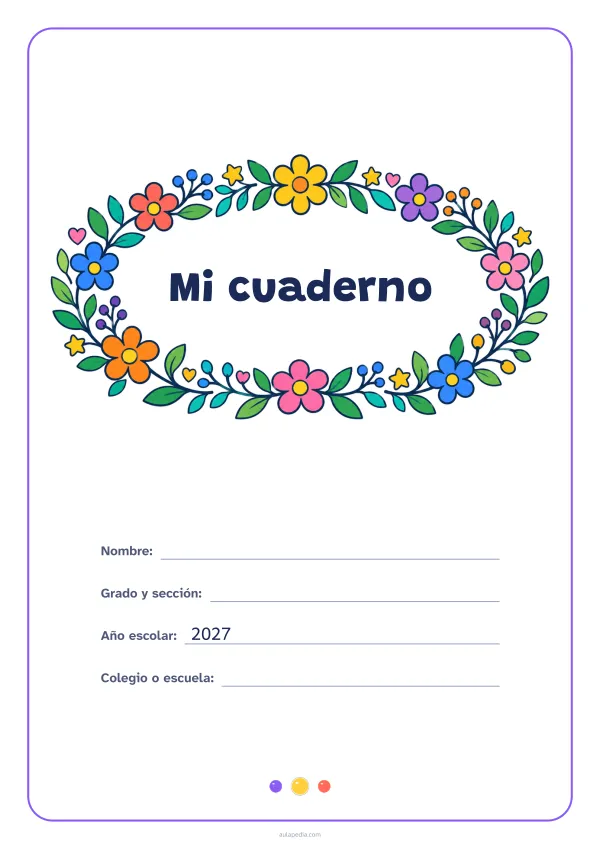 Portada de «Mi cuaderno» a color, con el título dentro de una corona de hojas y flores. Dibujo: una corona ovalada de hojas, flores, estrellas y corazones, con el centro vacío para el título.
