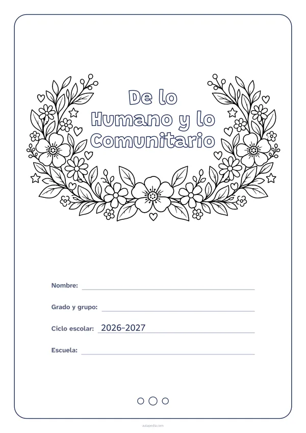 Portada de «De lo Humano y lo Comunitario» para colorear, con el título dentro de una corona de hojas y flores. Dibujo: una corona de hojas, flores, estrellas y corazones, abierta por arriba y con el centro vacío para el título.