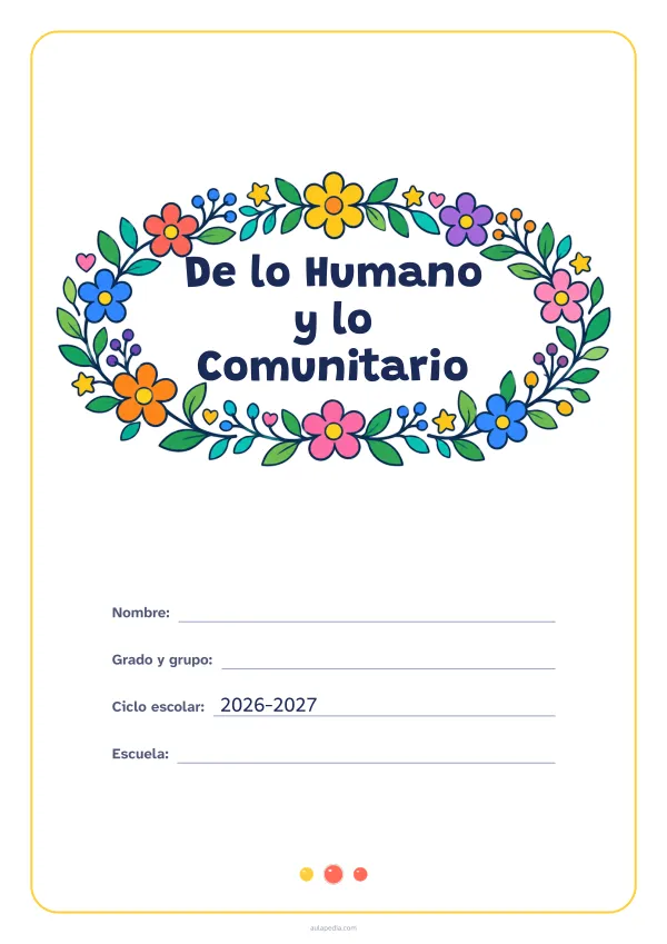 Portada de «De lo Humano y lo Comunitario» a color, con el título dentro de una corona de hojas y flores. Dibujo: una corona ovalada de hojas, flores, estrellas y corazones, con el centro vacío para el título.