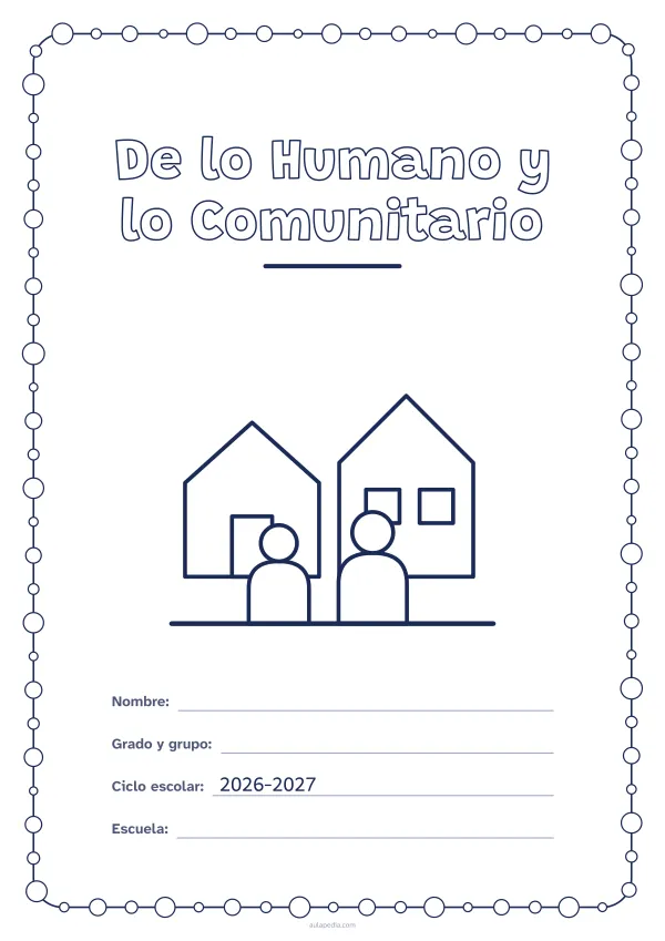 Portada de «De lo Humano y lo Comunitario» para colorear, con un marco redondeado de gomets de varios tamaños. Dibujo: dos casas y dos vecinos.