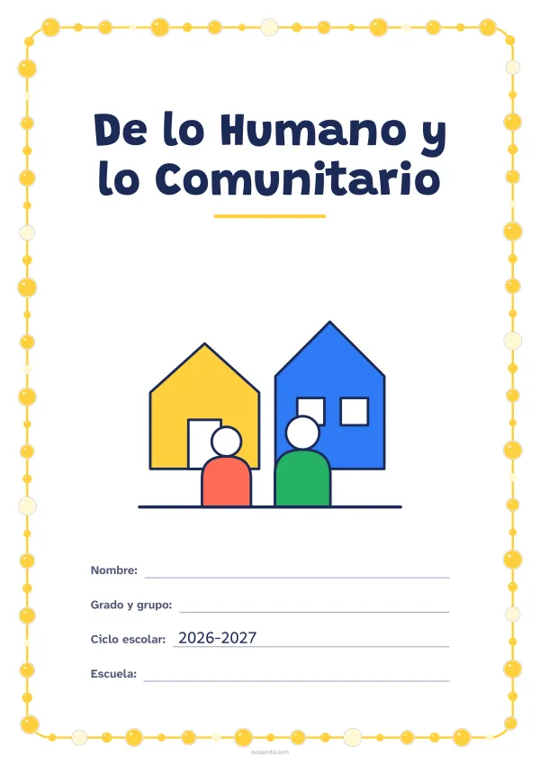 Portada de «De lo Humano y lo Comunitario» a color, con un marco redondeado de gomets de varios tamaños. Dibujo: dos casas y dos vecinos.