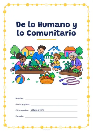 Portada de «De lo Humano y lo Comunitario» a color, con un marco redondeado de gomets de varios tamaños. Dibujo: vecinos de distintas edades que plantan juntos un huerto comunitario, con una pelota, una cuerda de saltar, una cesta de verduras y casas al fondo.