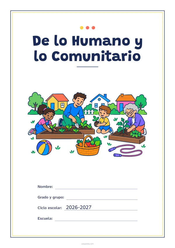 Portada de «De lo Humano y lo Comunitario» a color, con un marco fino de doble línea y mucho blanco. Dibujo: vecinos de distintas edades que plantan juntos un huerto comunitario, con una pelota, una cuerda de saltar, una cesta de verduras y casas al fondo.