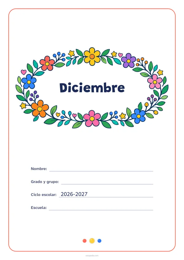 Portada de «Diciembre» a color, con el título dentro de una corona de hojas y flores. Dibujo: una corona ovalada de hojas, flores, estrellas y corazones, con el centro vacío para el título.