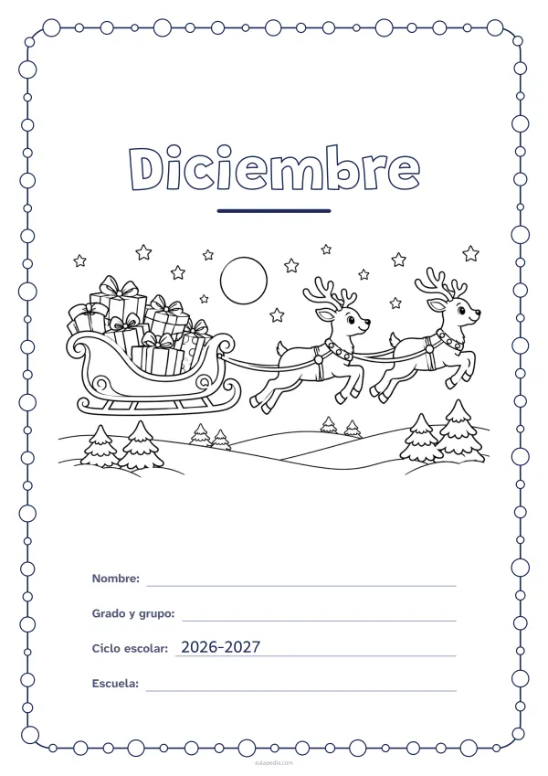 Portada de «Diciembre» para colorear, con un marco redondeado de gomets de varios tamaños. Dibujo: un trineo con regalos tirado por dos renos sobre una colina nevada.