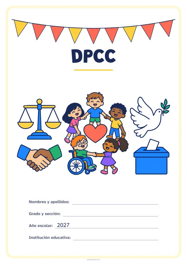 Portada de «DPCC» a color, con una guirnalda de banderines sobre el título. Dibujo: una balanza, dos manos que se estrechan, cinco niñas y niños en corro alrededor de un corazón (uno de ellos, en silla de ruedas), una paloma y una urna con una papeleta.