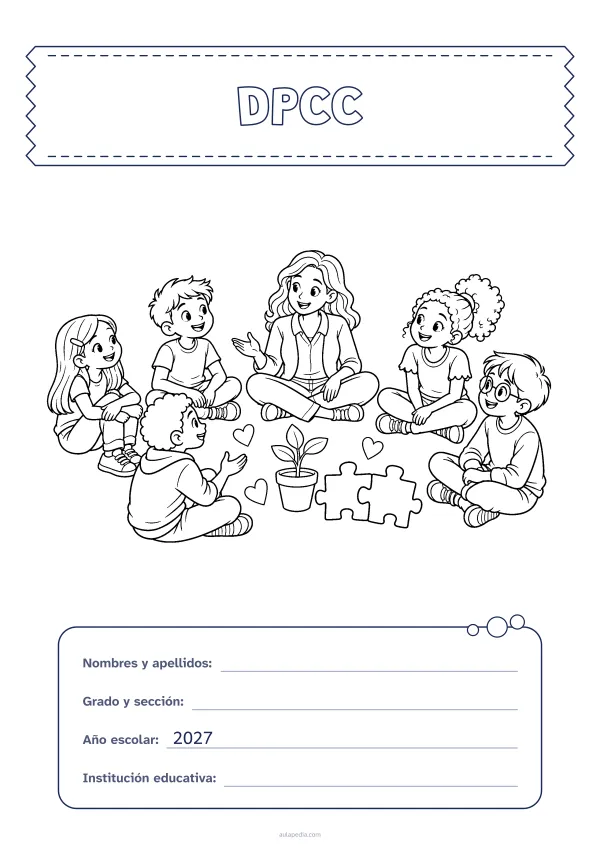 Portada de «DPCC» para colorear, con el título sobre una cinta de tela y los datos en una tarjeta. Dibujo: una maestra y cinco estudiantes que conversan sentados en círculo, con corazones, dos piezas de rompecabezas que encajan y una planta que crece.